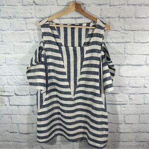 For Cynthia Cold Shoulder Short Sleeve Linen Blend Stripe Blue White Blouse 2X